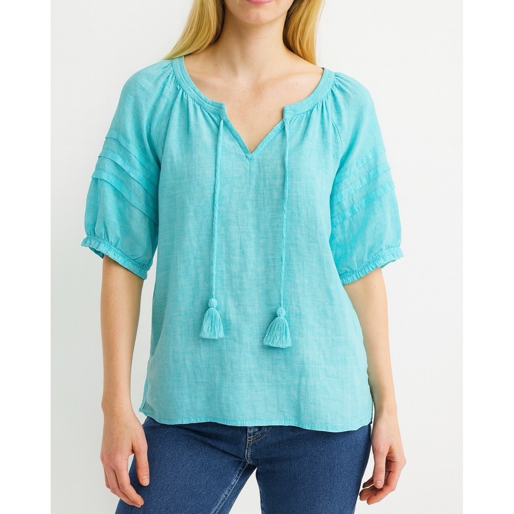 Talbots Teal Tassled Linen Blouse Top 100% Linen XS Peasant Boho Coastal Cowgirl